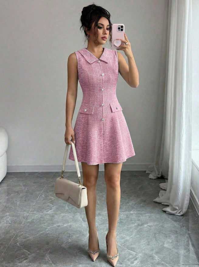 summer new arrival: round neck, single-breasted, slim-fit, versatile sleeveless dress