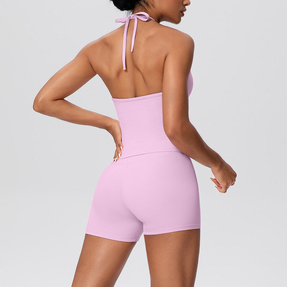 New arrival cross-border pure color brushed beautiful back strap halterhigh waist yoga clothes suit sports running fitness suit for women