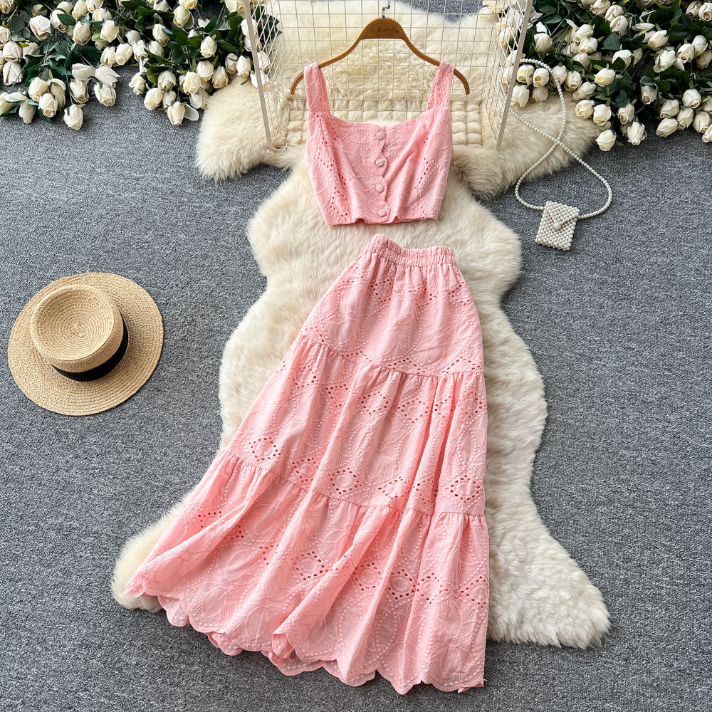 Super fairy holiday style cut outembroider camisole high waist skirt women's summer two-piece set silmelegantsuit