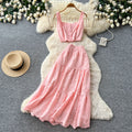Super fairy holiday style cut outembroider camisole high waist skirt women's summer two-piece set silmelegantsuit