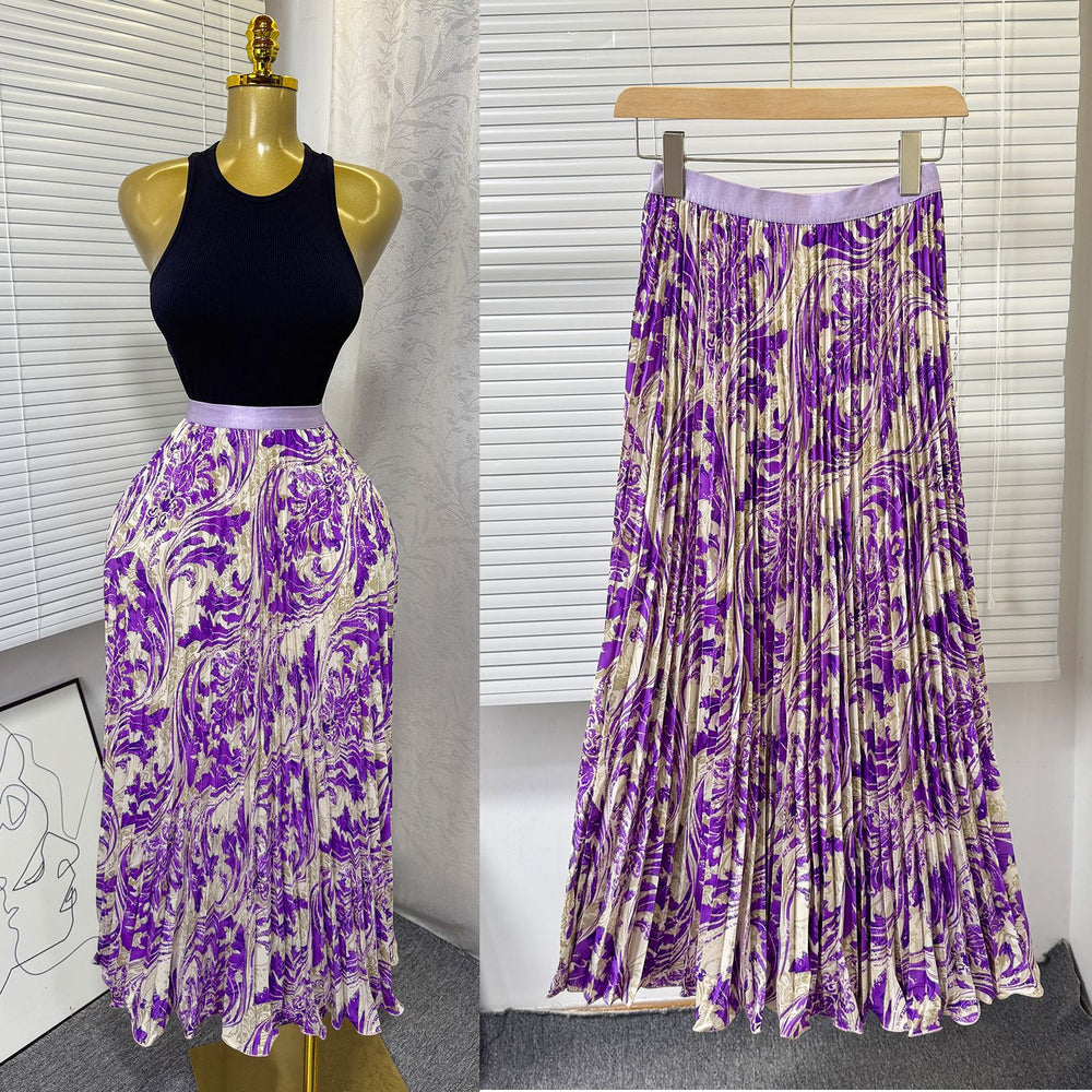 export  spring/summer new arrival: printed pleated a-line midi skirt with elastic waist and full sweep