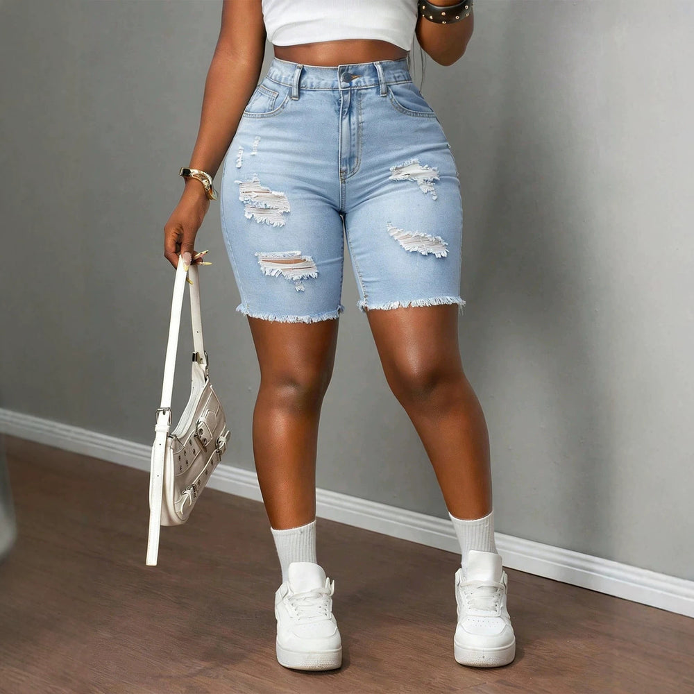 Fashionhigh waist ripped denim pants for women raw edgestraight-leg stretch half length pants silmslimming look hot girl style