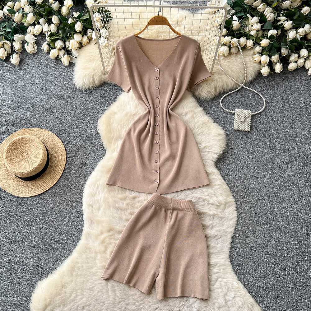 Simple commute style slim-fit elegant two-piece set for women - summer v-neck button-up vest and shorts outfit