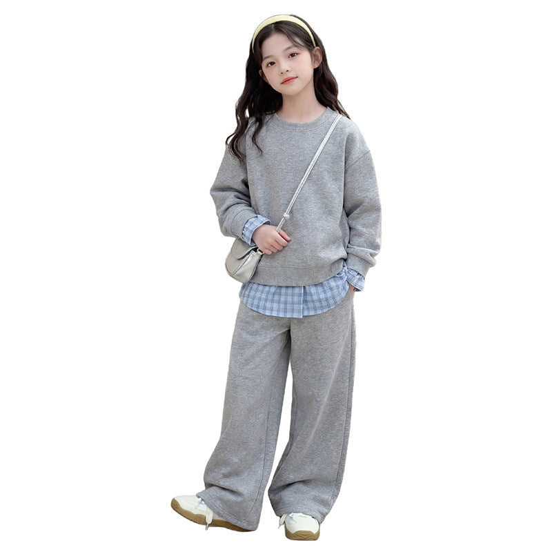 Girls'  new spring/autumn long-sleeve korean style three-piece set: girl's sweatshirt, wide-leg pants, spring outfit, loose fit