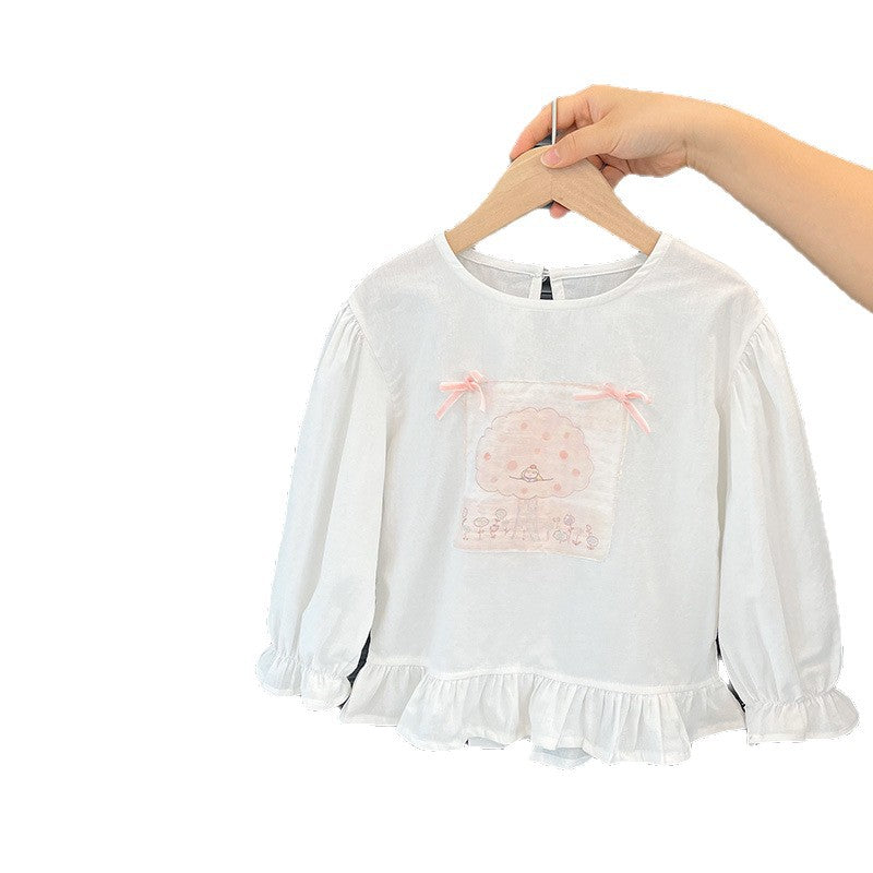 Baby girl's stylish and adorable cartoon shirt top, girls' spring and autumn wear, korean style, skin-friendly pure cotton doll shirt, trendy