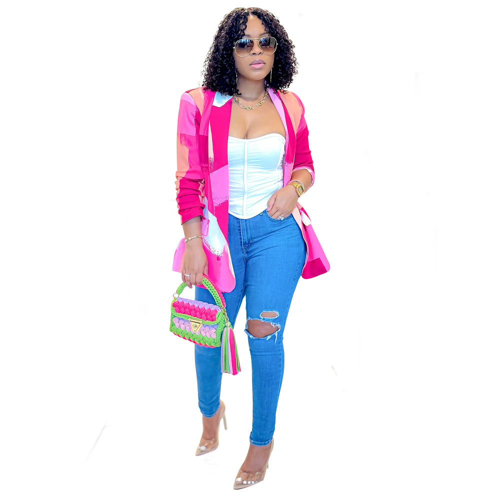 C6996 cross-border   independent station fashion women's long-sleeved printed blazer jacket