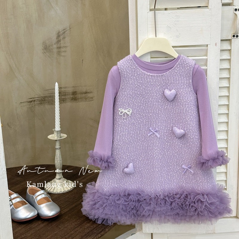 Girls' dress  autumn new collection: chanel-inspired outfit, korean style heart print tank dress, first birthday fairy princess dress