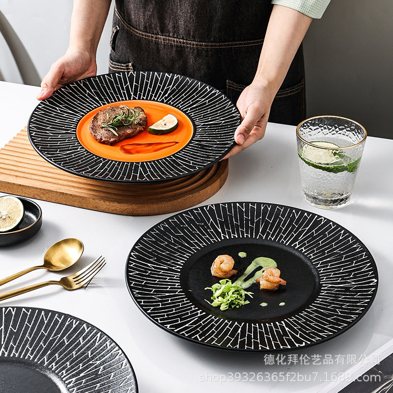 European-style black striped dinner plate ceramic tableware, hotel restaurant steak plate, creative large soup plate pasta plate