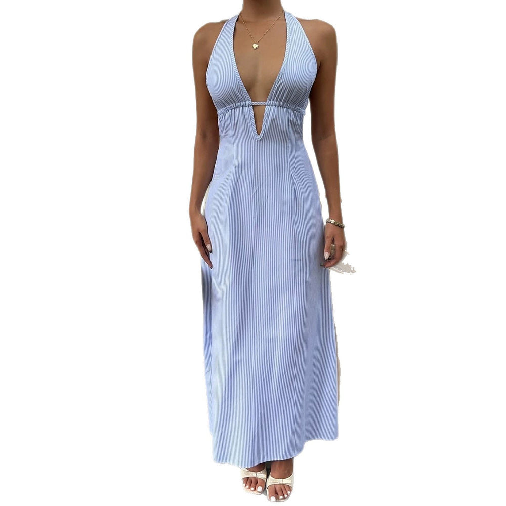 Summer fashion striped cami low-cut vacation style halter backless sexy tie-up maxi dress -