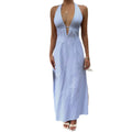 Summer fashion striped cami low-cut vacation style halter backless sexy tie-up maxi dress -