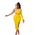 X6286   fashion women's solid color one-shoulder mesh single long sleeve maxi dress