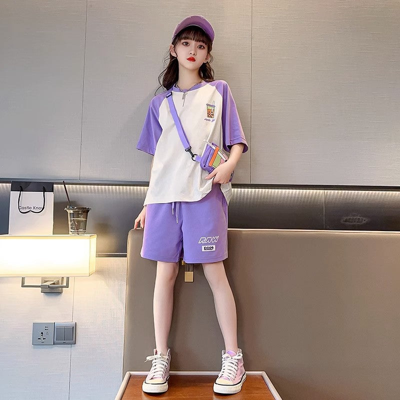 Girls' summer outfit set : new stylish and trendy summer clothes for kids, big girls' sporty summer short sleeve and shorts set