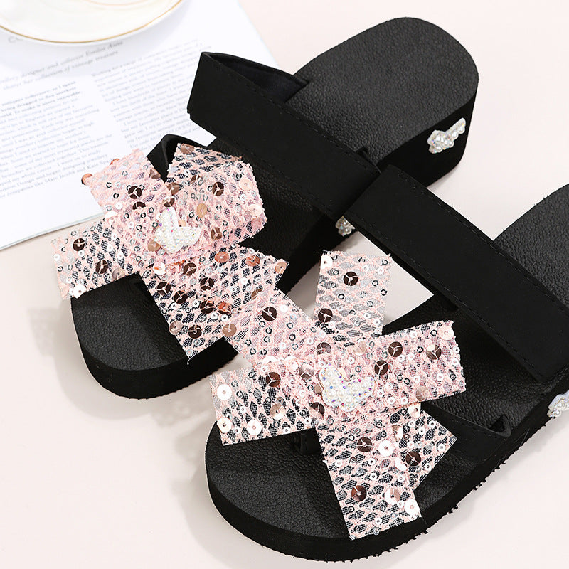 Plus size drag female students spring and summer outweark-style flip-flop sandals flower rhinestone drag ins pearl eva beach shoes