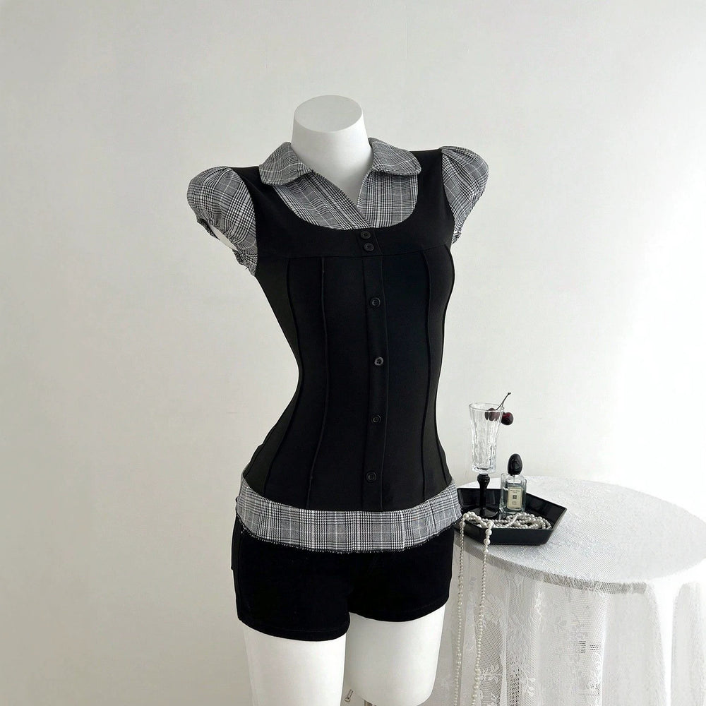 G1 - in-stock 73633#  cross-border european and american plaid color block faux two-piece slimming women's short-sleeve t-shirt