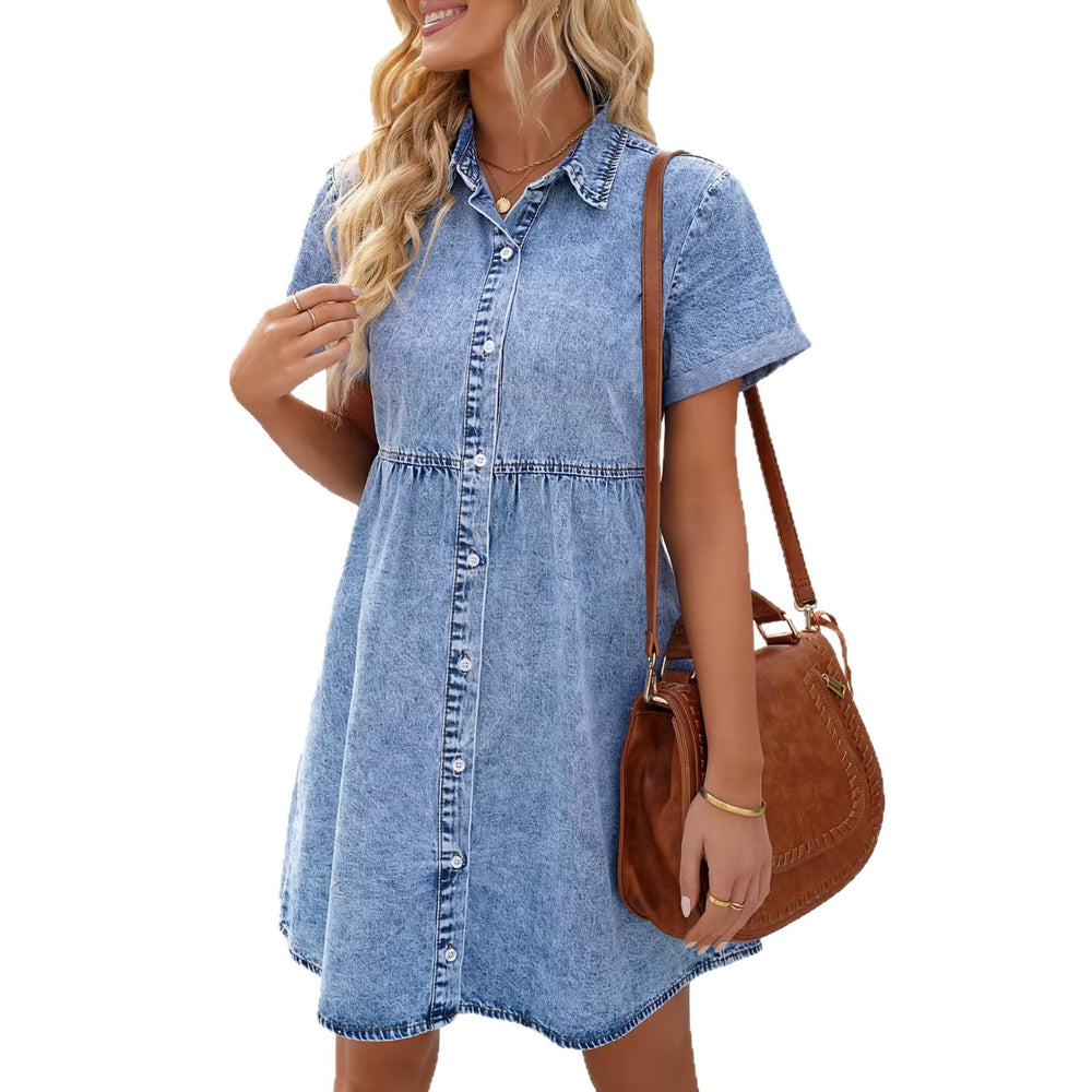 Fashion cross-border  independent station new product lapel short-sleeved fashioncasualloose denim shirt style dress