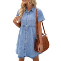 Fashion cross-border  independent station new product lapel short-sleeved fashioncasualloose denim shirt style dress
