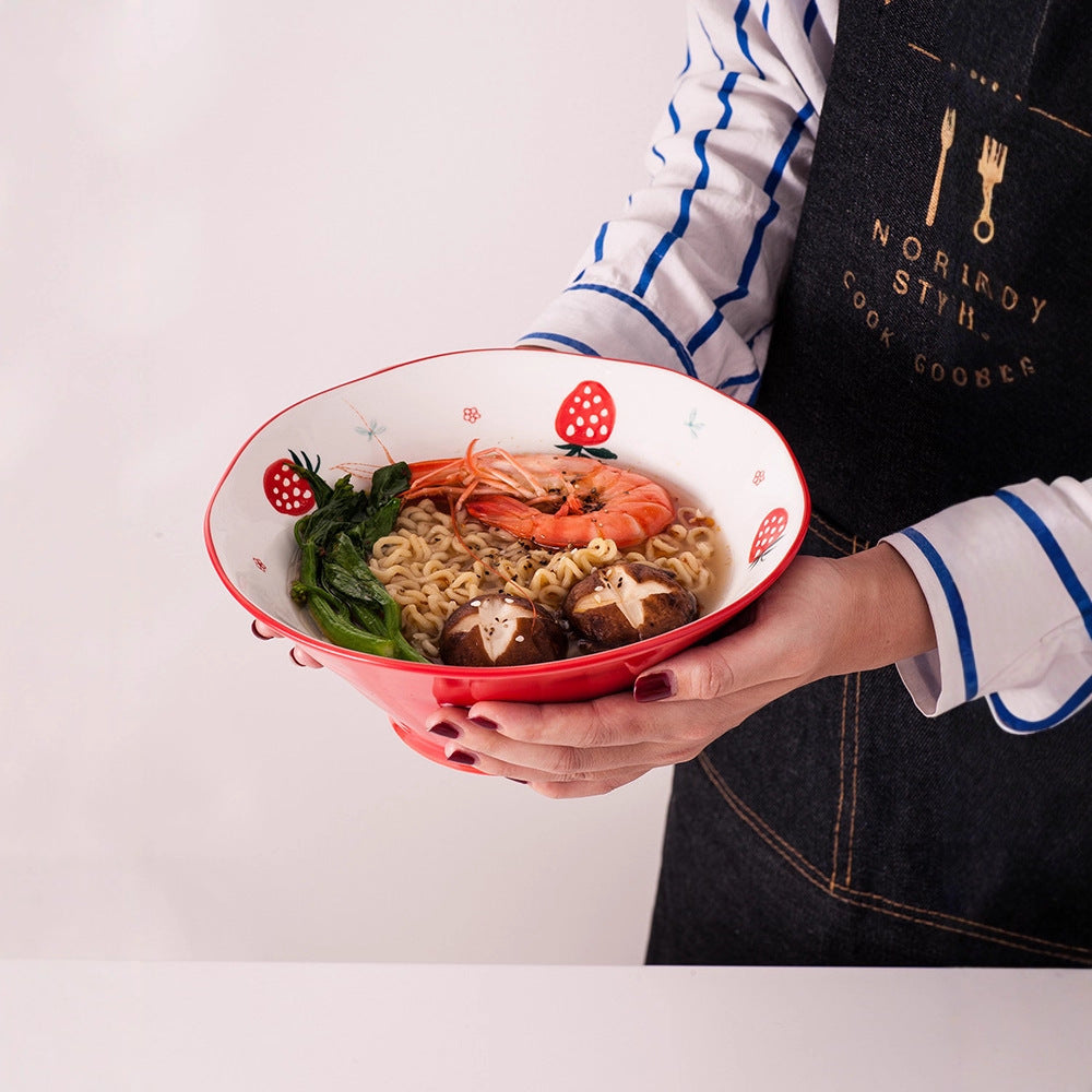 Strawberry bowl single for home creative ceramic instant noodle soup bowl japanese style cute girl popular salad dessert hat bowl
