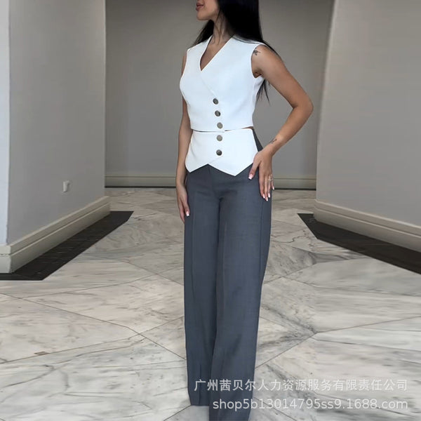 LZR18797 European and American sleeveless cardigan top vest + waist color matching flanged design casual straight-leg pants 2 sets