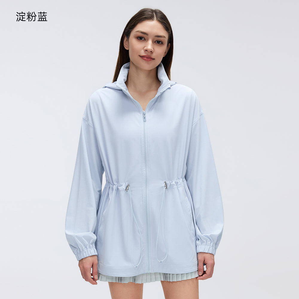 Storable hooded stand-up collar sports outwear women's drawstring waist slimming look medium longcardigan zipper jacket d26066