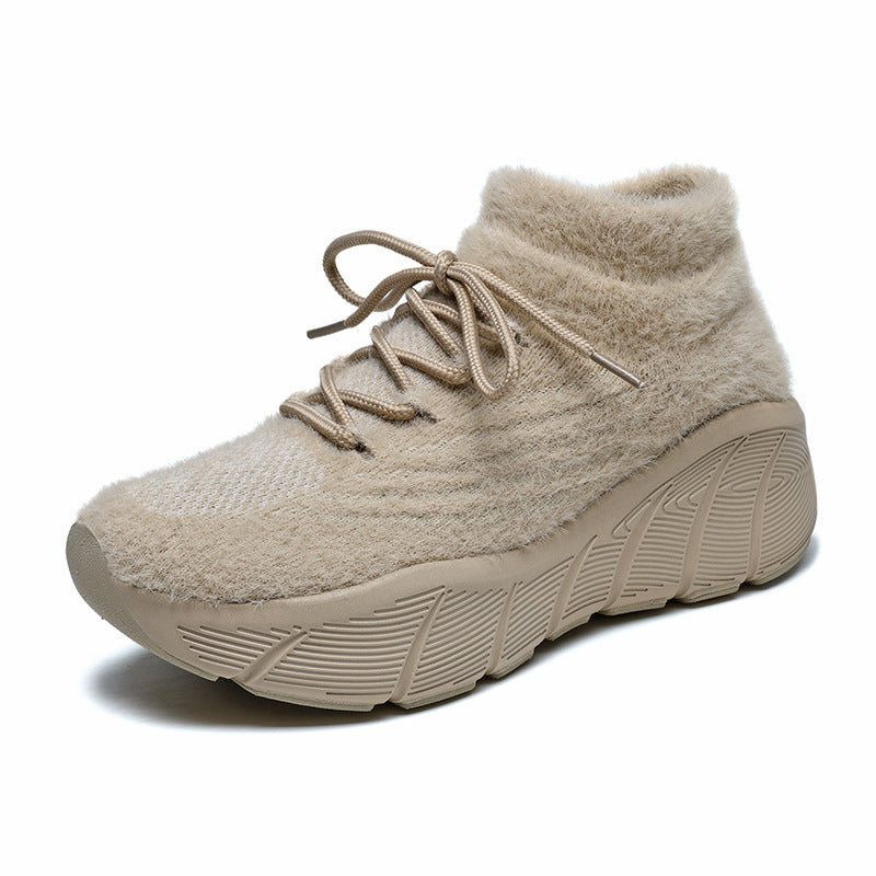 2025 autumn and winter new women's thick line versatile thick sole heightening comfortable stacking fleece casual shoes warm single shoes