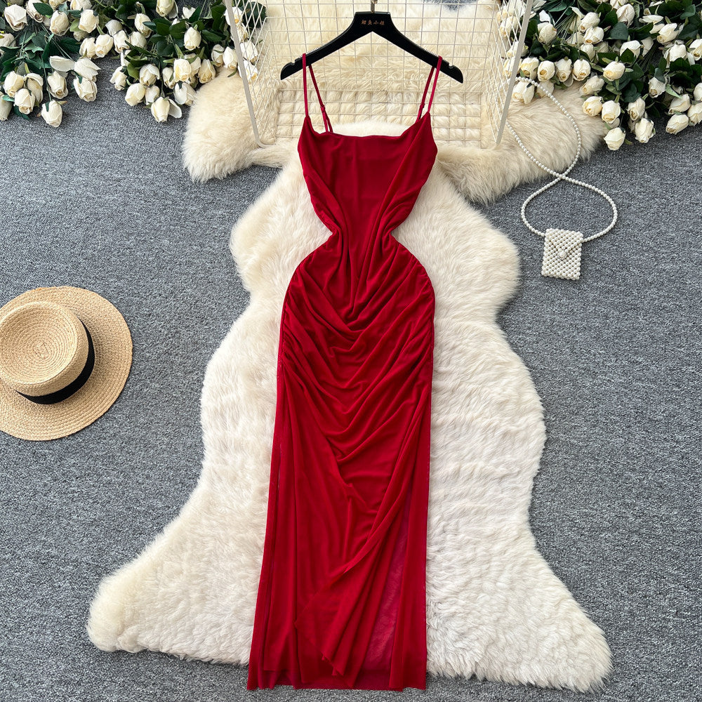 Accessible luxury red suspender mesh breathable dress female k-style sleeveless waist slimming look long skirt classy sense of commuting