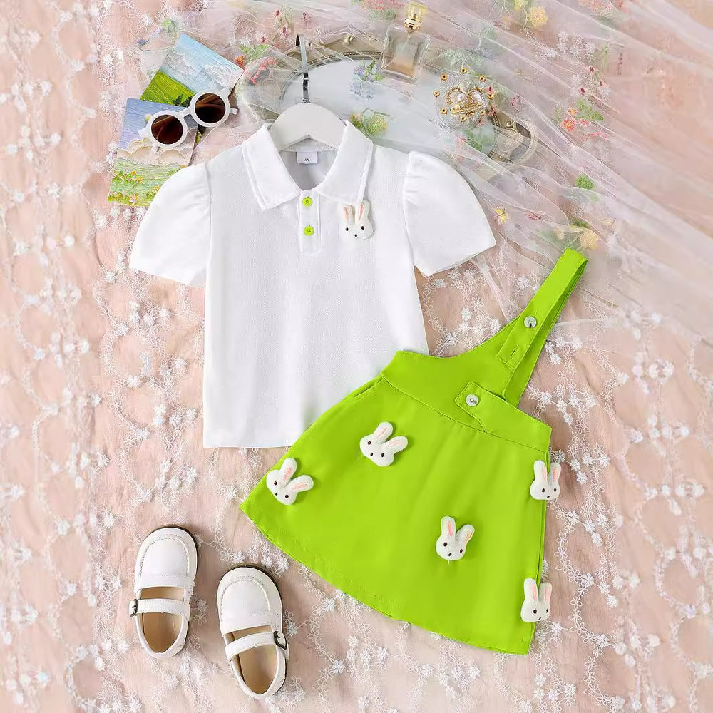 24 new cross-border children's clothing: european and american style girls' outfit - short-sleeve shirt with cute bunny suspender skirt two-piece set