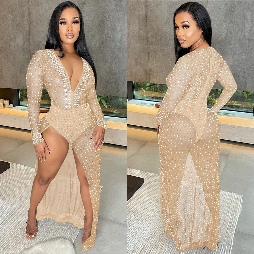 C5729   fashion women's nightclub rhinestone deep v long sleeve slit maxi dress