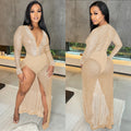 C5729   fashion women's nightclub rhinestone deep v long sleeve slit maxi dress