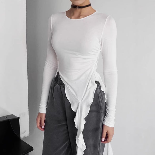 2025 Spring Irregular Knitted Crew Neck Bottom Shirt Women's Design Sense Slim-fit Long Sleeve T-Shirt Spice Girl Top