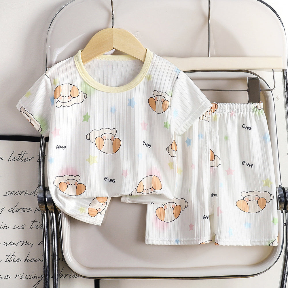 Summer kids' ice silk short sleeve and shorts set - lightweight air conditioning clothing for boys and girls - wholesale baby pajamas and loungewear