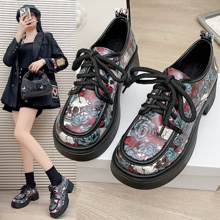 plus size small leather shoes women's british style flatsspring & fallprintingthick sole thick high heel loafersfashion