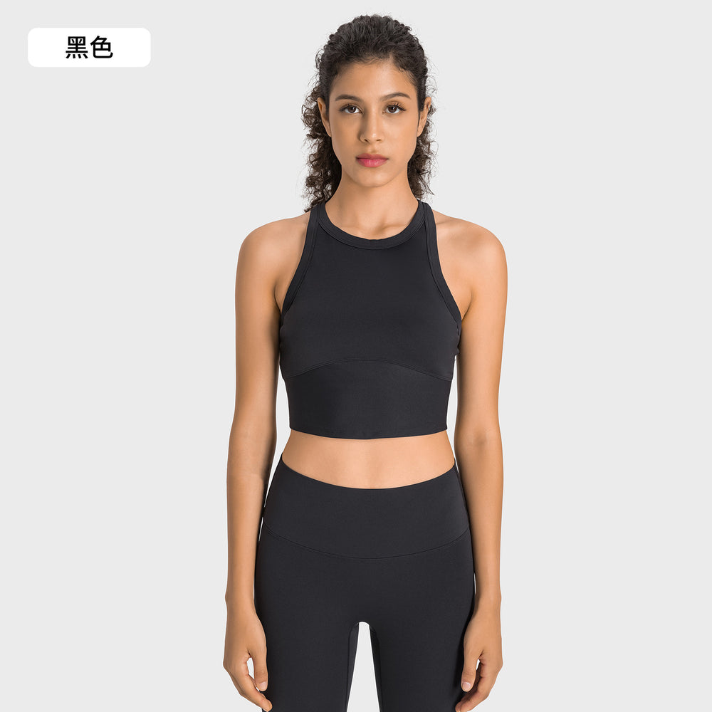 High-stretch yoga tank top for women, featuring built-in bra pads, anti-slip design, shockproof sports bra, high neckline, and side support to minimize underarm bulge. model et001