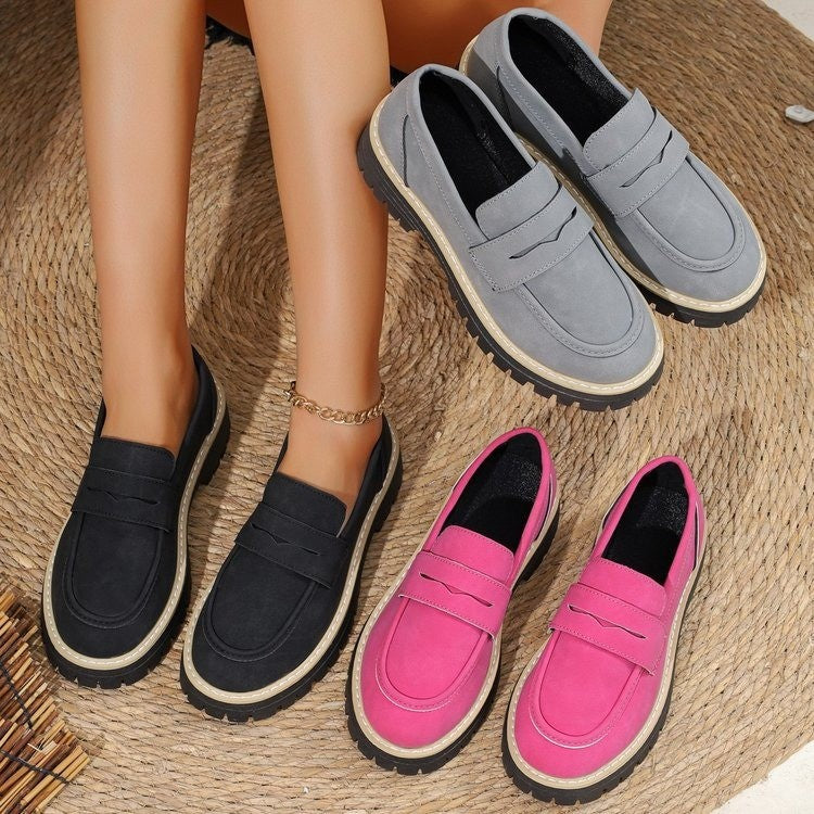 Exportnew arrivalspring & fall loafers women's cross-border plus size frosted british small leather shoes thick heel thick soleretro women's flats