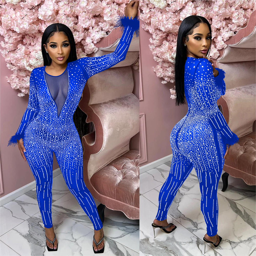 C6200   fashion women's mesh rhinestone v-neck long sleeve feather long jumpsuit