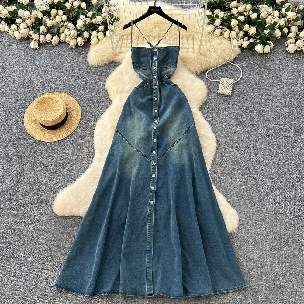 Frenchretroclassy square collar halter suspender single breasted denim dress female pure lust hot girl backless long skirt