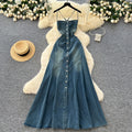 Frenchretroclassy square collar halter suspender single breasted denim dress female pure lust hot girl backless long skirt