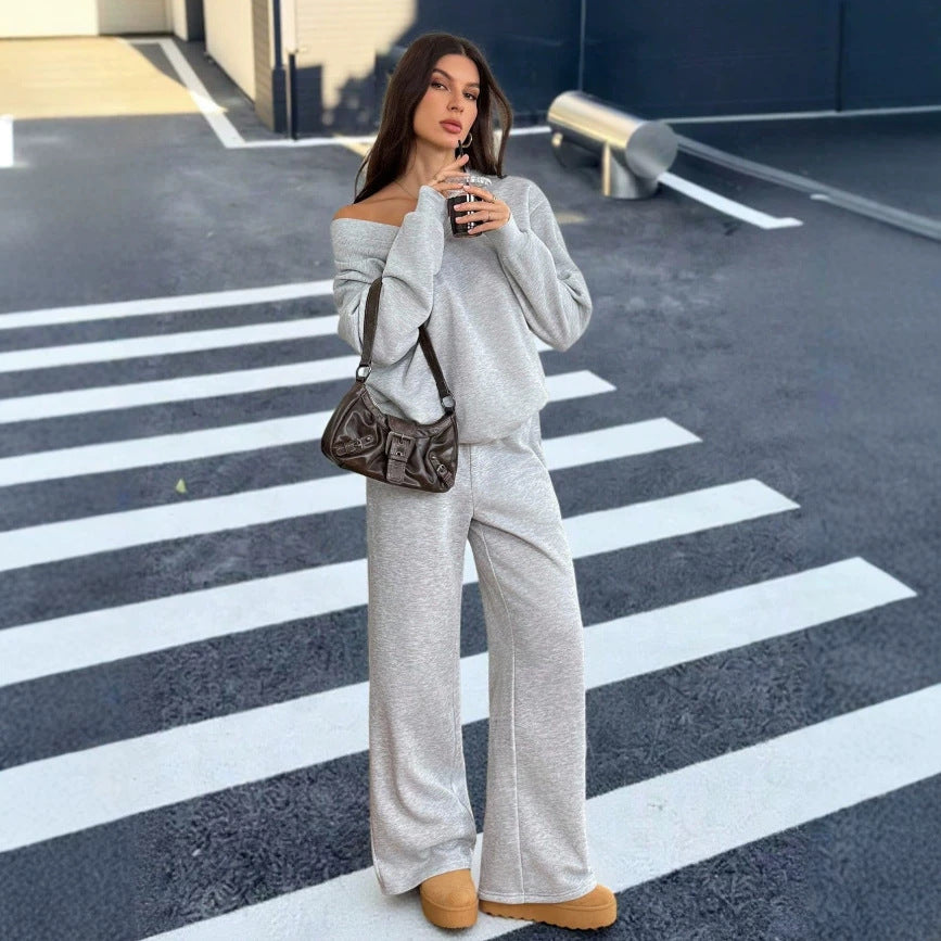 European and american  fall/winter new women's two-piece set: high-neck long sleeve top and wide-leg high-waisted pants casual sweatshirt set