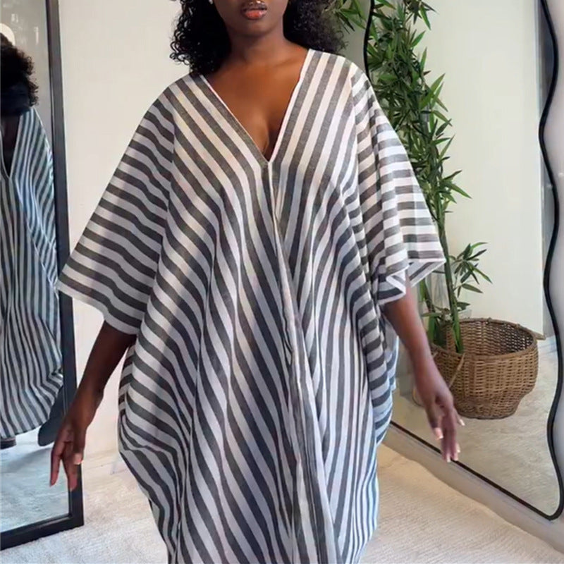 European and american cross-border women's clothing:  autumn new arrivals - casual plus size deep v-neck loose fit long backless dress