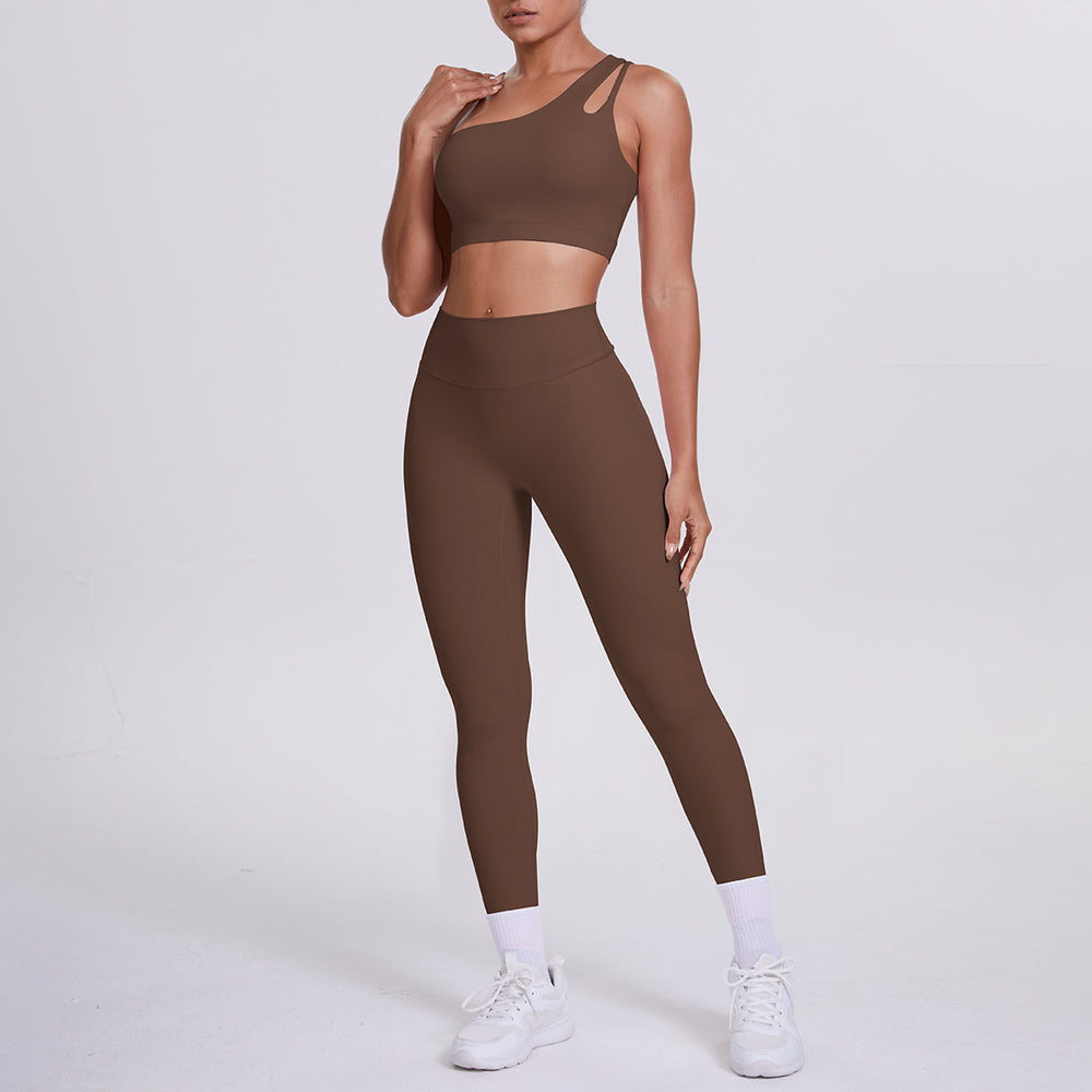 fashion double-sided nylon brushed single-shoulder yoga suit sports running fitness pants two-piece set for women