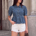 Fashion cross-border women's dark blue denim doll shirt tops lapel single-breasted puff sleeves waist rufflesshirt