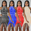 C6377   fashion women's solid color rhinestone sleeveless halter mini dress