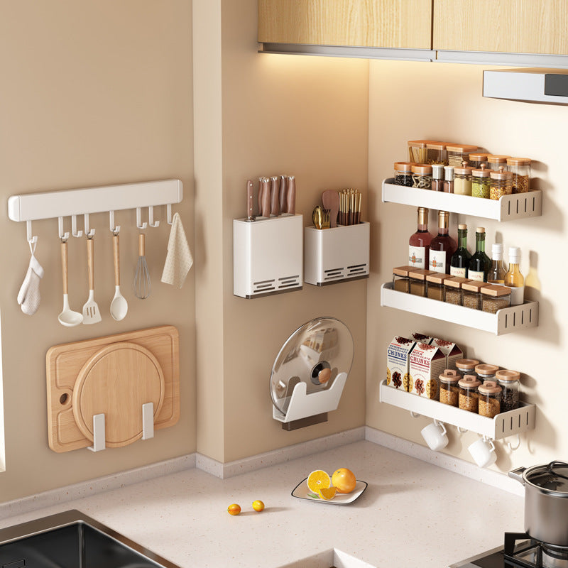 White Kitchen Shelf No Punching Wall Hanging Knife Holder Seasoning Household Multifunctional Cutting Board Wall Storage Rack