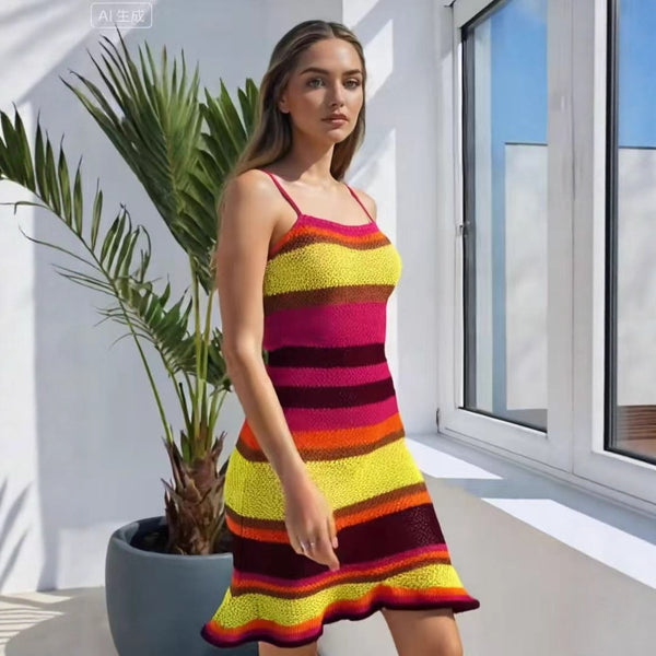 Real shot rainbow contrasting striped suspender skirt, hollow breathable beach sunscreen knitted suspender skirt
