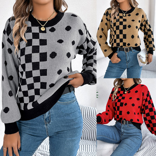 Real shot 2025 autumn and winter casual contrasting color polka dot plaid lantern sleeve pullover sweater,   women's clothing