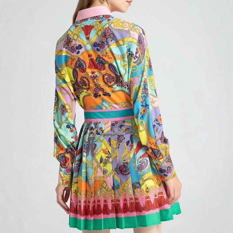 European and american cross-border women's fashion:  autumn hot-selling two-piece set - position print long-sleeve shirt top & elegant pleated skirt