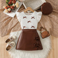 cross-border girls' spring/summer new collection: bow-embellished textured top + pu leather a-line skirt with matching hat - 3-piece set