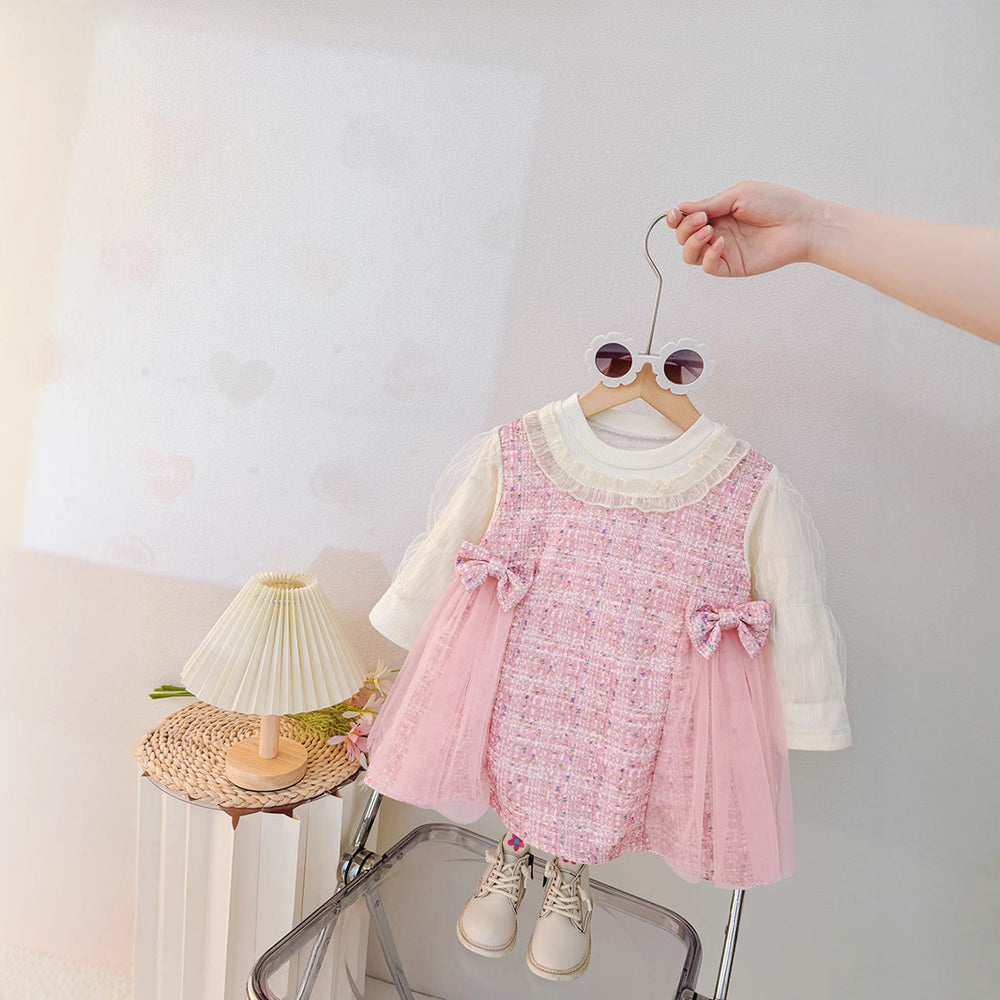 Girls' sweet & cute stylish long-sleeve dress -  new korean style faux two-piece princess dress for toddlers and young children