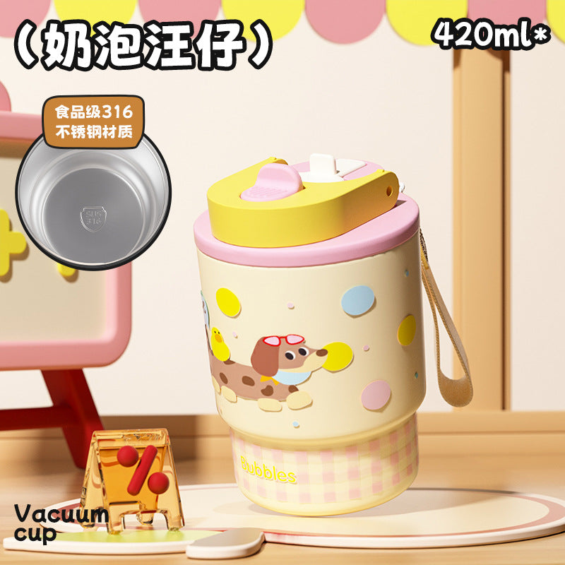 Kids' cartoon double-drink insulated mug, 316l stainless steel coffee cup, stylish design for girls, portable car water bottle with straw