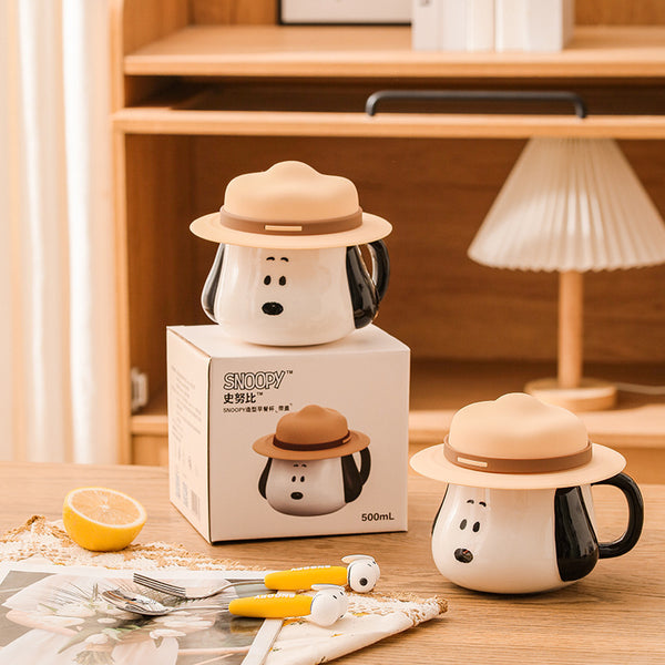 Snoopy straw hat modeling mug high value ceramic cup with lid and handle water cup personalized creative coffee cup