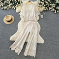 French chic lace cutout two-piece set for women -  summer new arrival: short-sleeve slimming sun protection shirt set